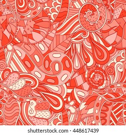 Tracery seamless calming pattern. Mehendi design. Ethnic colorful red doodle texture. Indifferent discreet. Curved doodling mehndi motif. Vector.
