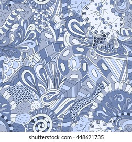 Tracery seamless calming pattern. Mehendi design. Ethnic blue doodle texture. Indifferent discreet. Curved doodling mehndi motif. Vector.