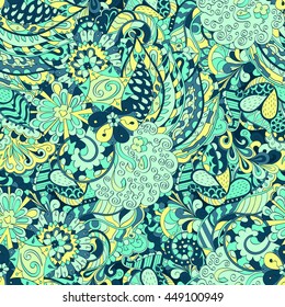 Tracery seamless calming pattern. Mehendi design. Ethnic colorful green doodle texture. Indifferent discreet. Curved doodling mehndi motif. Vector.