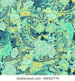 Tracery seamless calming pattern. Mehendi design. Ethnic colorful green doodle texture. Indifferent discreet. Curved doodling mehndi motif. Vector.