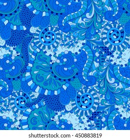 Tracery seamless calming pattern. Mehendi design. Ethnic colorful blue doodle texture. Indifferent discreet. Curved doodling mehndi motif. Vector.