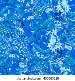 Tracery seamless calming pattern. Mehendi design. Ethnic colorful blue doodle texture. Indifferent discreet. Curved doodling mehndi motif. Vector.