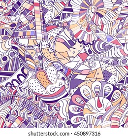Tracery seamless calming pattern. Mehendi design. Ethnic colorful doodle texture. Indifferent discreet. Curved doodling mehndi motif. Vector.
