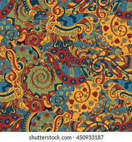 Tracery seamless calming pattern. Mehendi design. Ethnic colorful doodle texture. Indifferent discreet. Curved doodling mehndi motif. Vector.