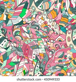 Tracery seamless calming pattern. Mehendi design. Ethnic colorful doodle texture. Indifferent discreet. Curved doodling mehndi motif. Vector.