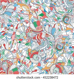 Tracery seamless calming pattern. Mehendi design. Ethnic colorful doodle texture. Indifferent discreet. Curved doodling mehndi motif. Vector.