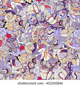 Tracery seamless calming pattern. Mehendi design. Ethnic colorful doodle texture. Indifferent discreet. Curved doodling mehndi motif. Vector.