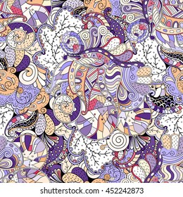 Tracery seamless calming pattern. Mehendi design. Ethnic colorful doodle texture. Indifferent discreet. Curved doodling mehndi motif. Vector.