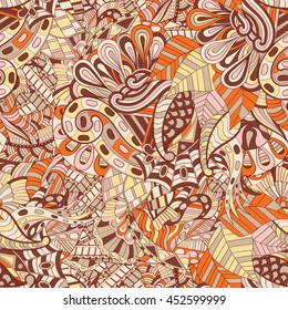 Tracery seamless calming pattern. Mehendi design. Ethnic colorful brown doodle texture. Indifferent discreet. Curved doodling mehndi motif. Vector.