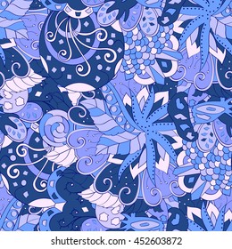 Tracery seamless calming pattern. Mehendi design. Ethnic colorful blue doodle texture. Indifferent discreet. Curved doodling mehndi motif. Vector.