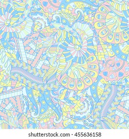 Tracery seamless calming pattern. Mehendi design. Ethnic pastel doodle texture. Indifferent discreet. Curved doodling mehndi motif. Vector.