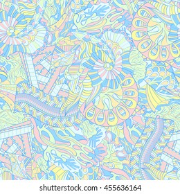 Tracery seamless calming pattern. Mehendi design. Ethnic pastel doodle texture. Indifferent discreet. Curved doodling mehndi motif. Vector.