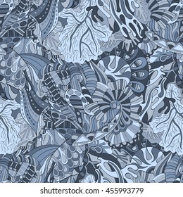 Tracery seamless calming pattern. Mehendi design. Ethnic blue doodle texture. Indifferent discreet. Curved doodling mehndi motif. Vector.