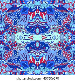 Tracery seamless calming pattern. Mehendi design. Ethnic blue doodle texture. Indifferent discreet. Curved doodling mehndi motif. Vector.