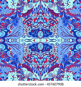 Tracery seamless calming pattern. Mehendi design. Ethnic blue doodle texture. Indifferent discreet. Curved doodling mehndi motif. Vector.