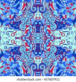 Tracery seamless calming pattern. Mehendi design. Ethnic blue doodle texture. Indifferent discreet. Curved doodling mehndi motif. Vector.