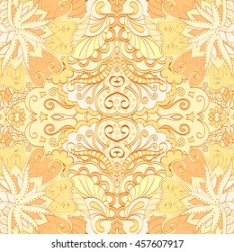Tracery seamless calming pattern. Mehendi design. Ethnic orange doodle texture. Indifferent discreet. Curved doodling mehndi motif. Vector.