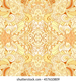 Tracery seamless calming pattern. Mehendi design. Ethnic orange doodle texture. Indifferent discreet. Curved doodling mehndi motif. Vector.