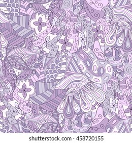 Tracery seamless calming pattern. Mehendi design. Ethnic violet doodle texture. Indifferent discreet. Curved doodling mehndi motif. Vector.