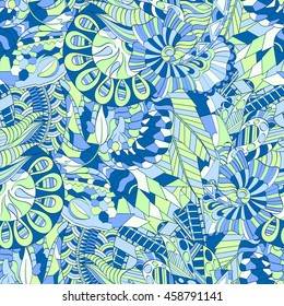 Tracery seamless calming pattern. Mehendi design. Ethnic colorful blue green doodle texture. Indifferent discreet. Curved doodling mehndi motif. Vector.