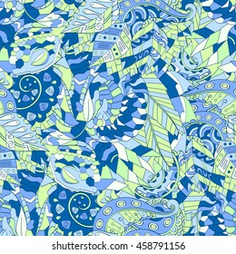 Tracery seamless calming pattern. Mehendi design. Ethnic colorful blue green doodle texture. Indifferent discreet. Curved doodling mehndi motif. Vector.