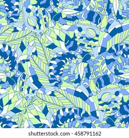 Tracery seamless calming pattern. Mehendi design. Ethnic colorful blue green doodle texture. Indifferent discreet. Curved doodling mehndi motif. Vector.