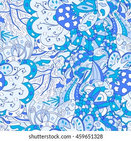 Tracery seamless calming pattern. Mehendi design. Ethnic colorful blue doodle texture. Indifferent discreet. Curved doodling mehndi motif. Vector.
