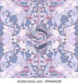 Tracery seamless calming pattern. Mehendi design. Ethnic colorful doodle texture. Indifferent discreet. Curved doodling mehndi motif. Vector.