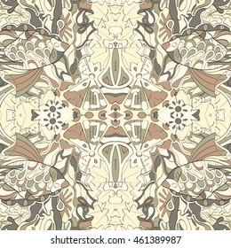 Tracery seamless calming pattern. Mehendi design. Ethnic brown doodle texture. Indifferent discreet. Curved doodling mehndi motif. Vector.