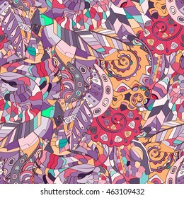 Tracery seamless calming pattern. Mehendi design. Ethnic colorful doodle texture. Indifferent discreet. Curved doodling mehndi motif. Vector.