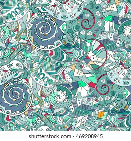 Tracery seamless calming pattern. Mehendi design. Ethnic colorful green doodle texture. Indifferent discreet. Curved doodling mehndi motif. Vector.