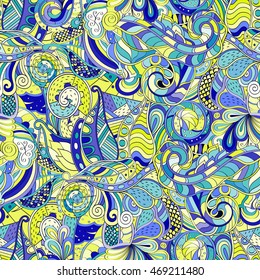 Tracery seamless calming pattern. Mehendi design. Ethnic colorful doodle texture. Indifferent discreet. Curved doodling mehndi motif. Vector.