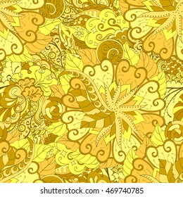 Tracery seamless calming pattern. Mehendi design. Ethnic yellow doodle texture. Indifferent discreet. Curved doodling mehndi motif. Vector.