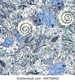 Tracery seamless calming pattern. Mehendi design. Ethnic colorful blue doodle texture. Indifferent discreet. Curved doodling mehndi motif. Vector.