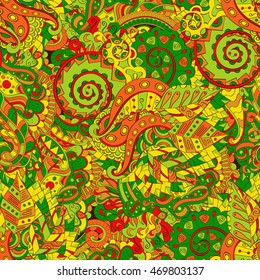 Tracery seamless calming pattern. Mehendi design. Ethnic colorful green doodle texture. Indifferent discreet. Curved doodling mehndi motif. Vector.