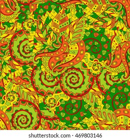 Tracery seamless calming pattern. Mehendi design. Ethnic colorful green doodle texture. Indifferent discreet. Curved doodling mehndi motif. Vector.