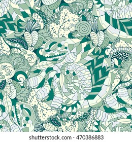 Tracery seamless calming pattern. Mehendi design. Ethnic colorful green doodle texture. Indifferent discreet. Curved doodling mehndi motif. Vector.