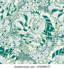 Tracery seamless calming pattern. Mehendi design. Ethnic colorful green doodle texture. Indifferent discreet. Curved doodling mehndi motif. Vector.