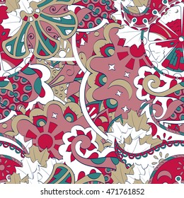 Tracery seamless calming pattern. Mehendi design. Ethnic red doodle texture. Indifferent discreet. Curved doodling mehndi motif. Vector.