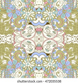 Tracery seamless calming pattern. Mehendi design. Ethnic colorful doodle texture. Indifferent discreet. Curved doodling mehndi motif. Vector.