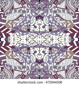 Tracery seamless calming pattern. Mehendi design. Ethnic violet doodle texture. Indifferent discreet. Curved doodling mehndi motif. Vector.