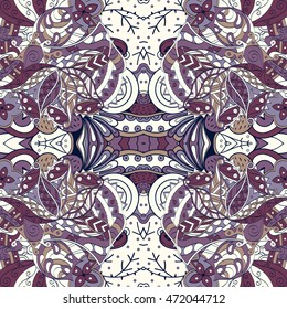 Tracery seamless calming pattern. Mehendi design. Ethnic violet doodle texture. Indifferent discreet. Curved doodling mehndi motif. Vector.