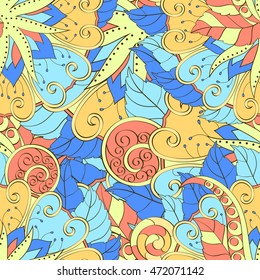 Tracery seamless calming pattern. Mehendi design. Ethnic colorful doodle texture. Indifferent discreet. Curved doodling mehndi motif. Vector.