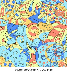 Tracery seamless calming pattern. Mehendi design. Ethnic colorful doodle texture. Indifferent discreet. Curved doodling mehndi motif. Vector.