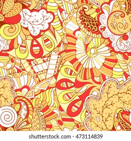 Tracery seamless calming pattern. Mehendi design. Ethnic orange doodle texture. Indifferent discreet. Curved doodling mehndi motif. Vector.