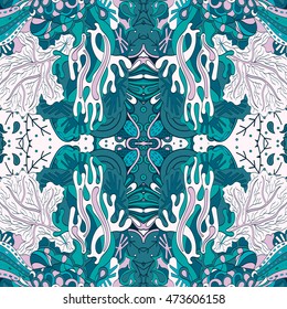 Tracery seamless calming pattern. Mehendi design. Ethnic blue doodle texture. Indifferent discreet. Curved doodling mehndi motif. Vector.