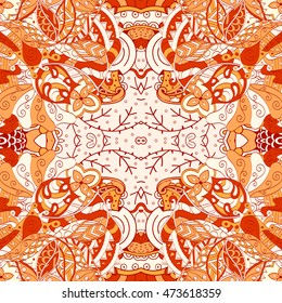 Tracery seamless calming pattern. Mehendi design. Ethnic orange doodle texture. Indifferent discreet. Curved doodling mehndi motif. Vector.