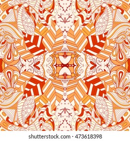 Tracery seamless calming pattern. Mehendi design. Ethnic orange doodle texture. Indifferent discreet. Curved doodling mehndi motif. Vector.