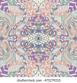 Tracery seamless calming pattern. Mehendi design. Ethnic pastel doodle texture. Indifferent discreet. Curved doodling mehndi motif. Vector.