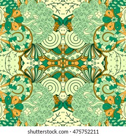 Tracery seamless calming pattern. Mehendi design. Ethnic green doodle texture. Indifferent discreet. Curved doodling mehndi motif. Vector.